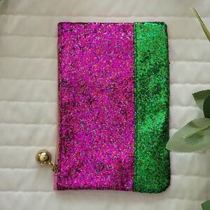 IPSY Pink and Green Glitter Empty Cosmetic Bag